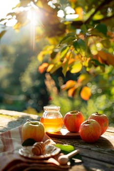 apples and honey in the garden, saved. Selective focus. food.