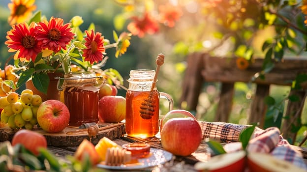 apples and honey in the garden, saved. Selective focus. food.