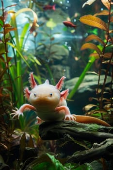 axolotl in aquarium water. Selective focus. animal.