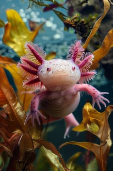 axolotl in aquarium water. Selective focus. animal.