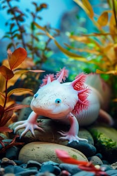 axolotl in aquarium water. Selective focus. animal.