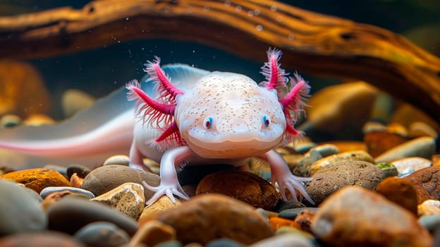 axolotl in aquarium water. Selective focus. animal.