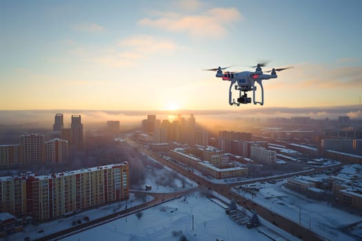 Flying drone above the city at snowy winter morning. Neural network generated image. Not based on any actual scene or pattern.