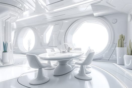 futuristic clean white space station style interior of dining room. Neural network generated image. Not based on any actual scene or pattern.