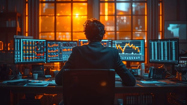 Back view of a financial analyst day trader working on computer with many screens that shows real-time stock data. Neural network generated image. Not based on any actual scene or pattern.