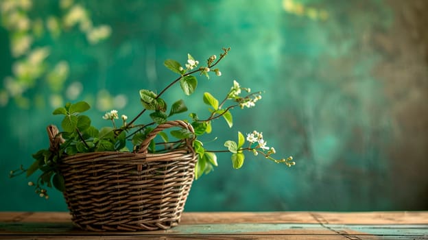 wicker basket on the background of the garden. Selective focus. nature.