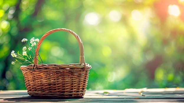 wicker basket on the background of the garden. Selective focus. nature.