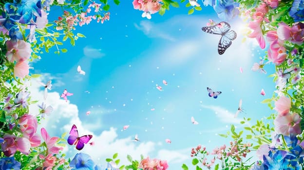 Butterflies and flowers on the sky background frame. Selective focus. nature.