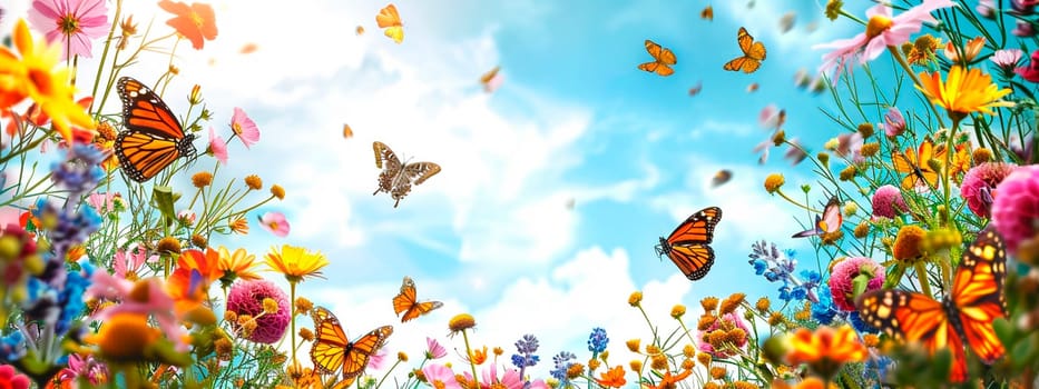 Butterflies and flowers on the sky background frame. Selective focus. nature.