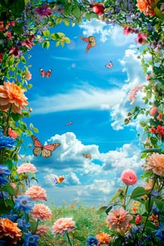 Butterflies and flowers on the sky background frame. Selective focus. nature.