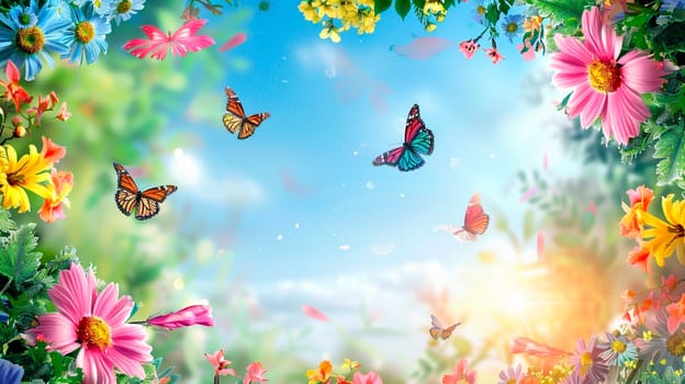 Butterflies and flowers on the sky background frame. Selective focus. nature.