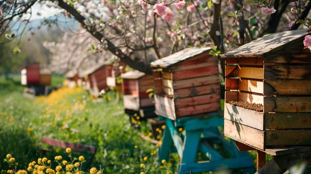 Bee hives in a blooming garden. Selective focus. Nature.