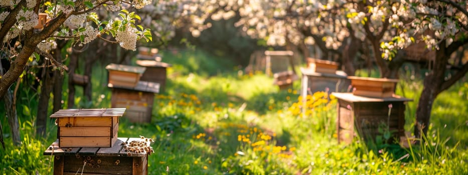 Bee hives in a blooming garden. Selective focus. Nature.