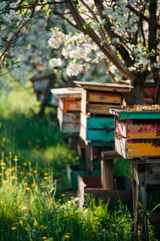 Bee hives in a blooming garden. Selective focus. Nature.