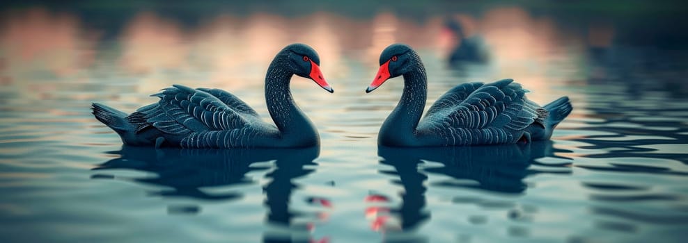 Two black swans on the lake. Selective focus. Nature.