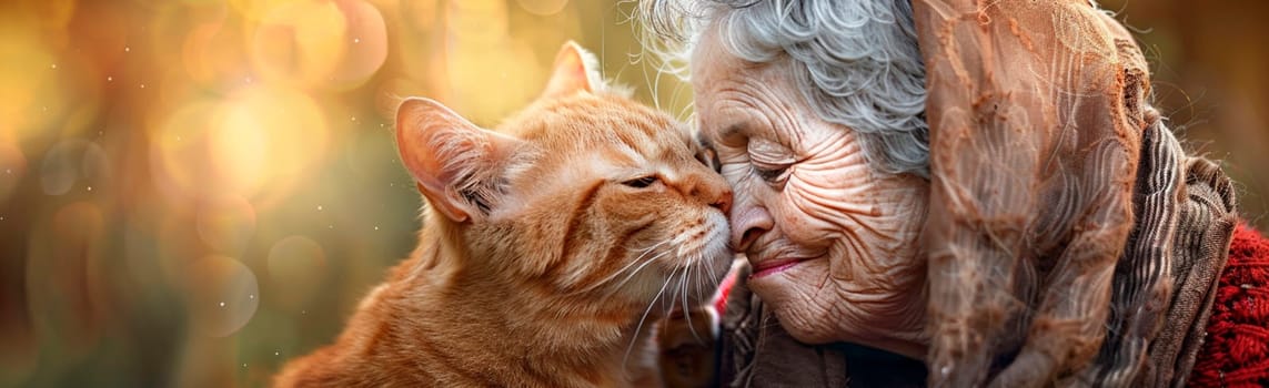 an elderly woman hugs a cat. Selective focus. people.
