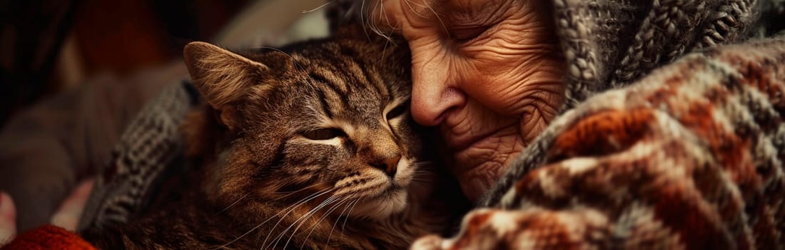 an elderly woman hugs a cat. Selective focus. people.