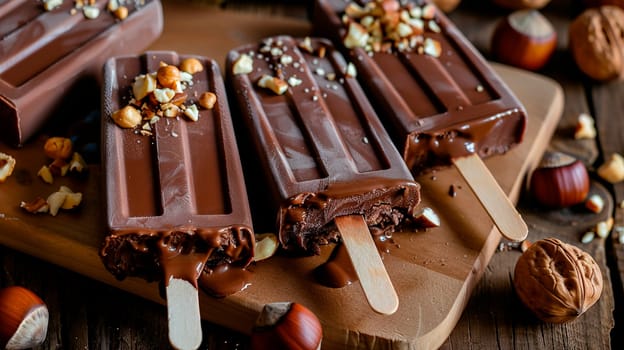 Chocolate ice cream with nuts on sticks. Selective focus. Food.