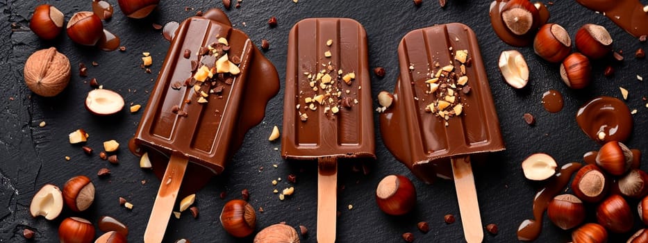 Chocolate ice cream with nuts on sticks. Selective focus. Food.