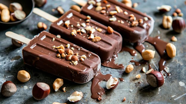 Chocolate ice cream with nuts on sticks. Selective focus. Food.