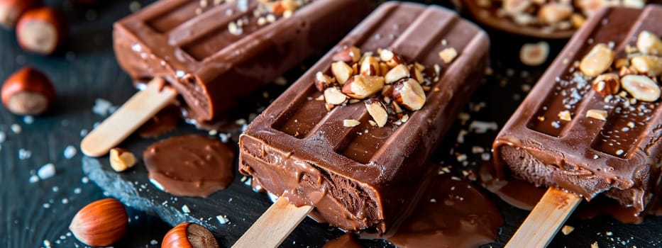 Chocolate ice cream with nuts on sticks. Selective focus. Food.