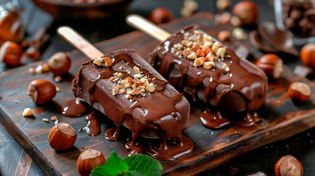 Chocolate ice cream with nuts on sticks. Selective focus. Food.