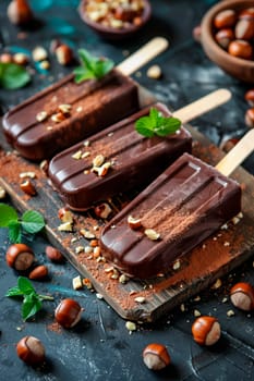 Chocolate ice cream with nuts on sticks. Selective focus. Food.