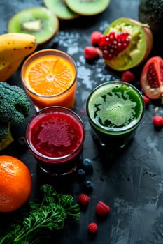 various smoothies with vegetables and fruits. Selective focus. drink.