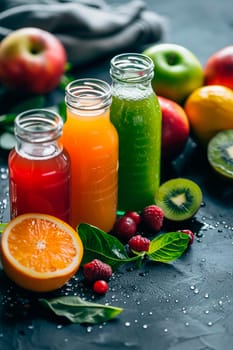various smoothies with vegetables and fruits. Selective focus. drink.