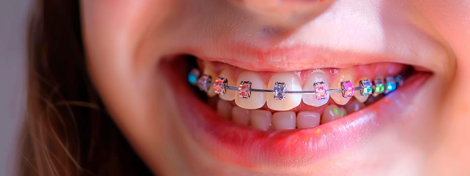 multi-colored braces smile child. Selective focus. happy.