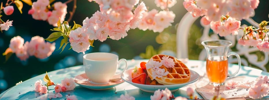 Waffles and tea in the spring garden. Selective focus. Nature.