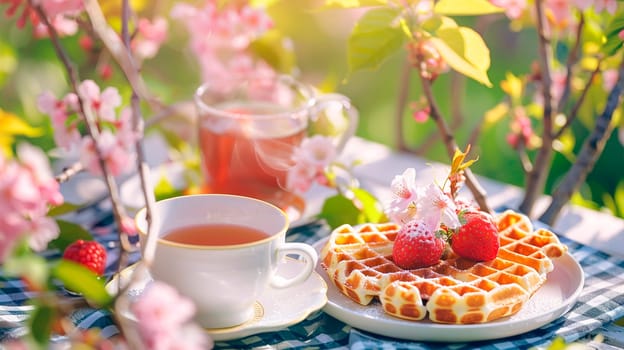 Waffles and tea in the spring garden. Selective focus. Nature.