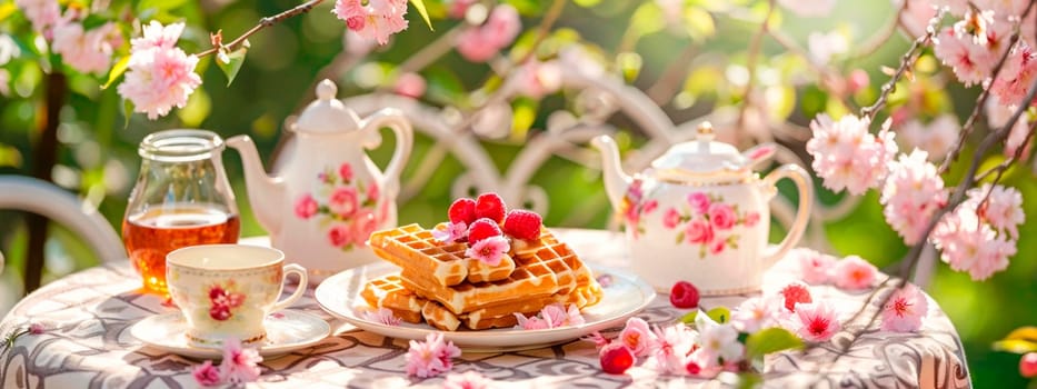 Waffles and tea in the spring garden. Selective focus. Nature.