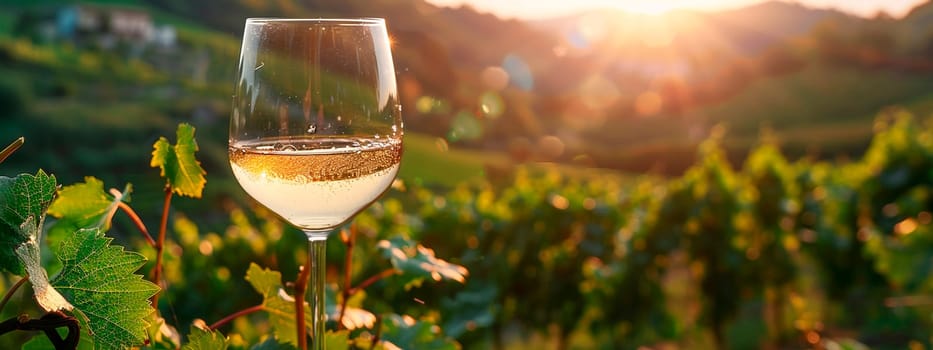 A glass of wine against the backdrop of a vineyard. Selective focus. drink.