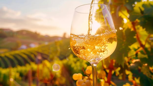 A glass of wine against the backdrop of a vineyard. Selective focus. drink.