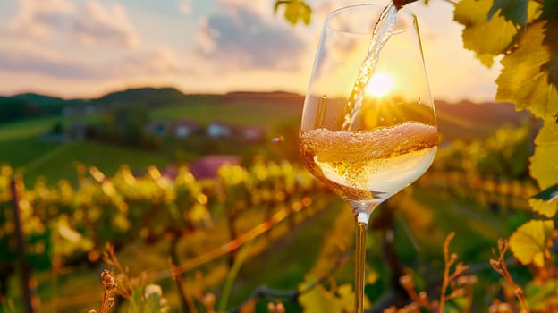 A glass of wine against the backdrop of a vineyard. Selective focus. drink.