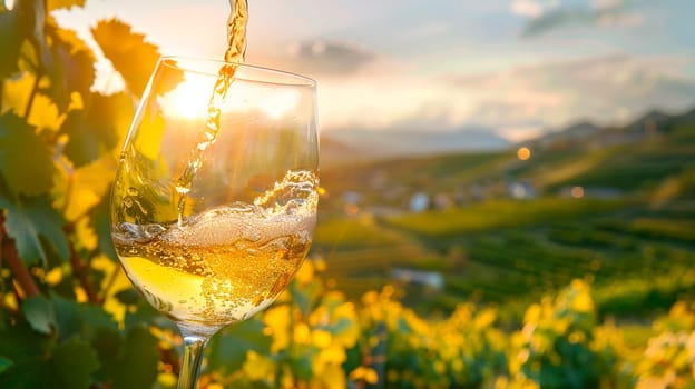 A glass of wine against the backdrop of a vineyard. Selective focus. drink.