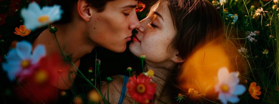 lovers kiss in a blooming garden. Selective focus. people.