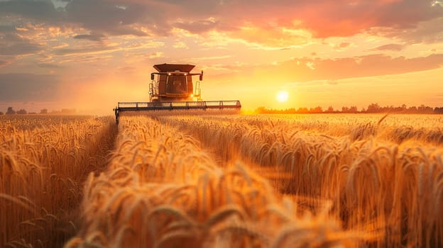 A combine harvester harvests wheat on a field. Selective focus. Nature.