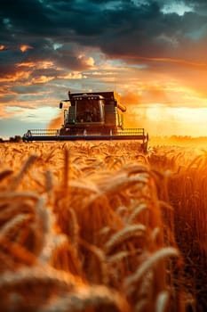 A combine harvester harvests wheat on a field. Selective focus. Nature.