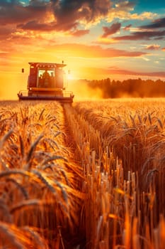 A combine harvester harvests wheat on a field. Selective focus. Nature.