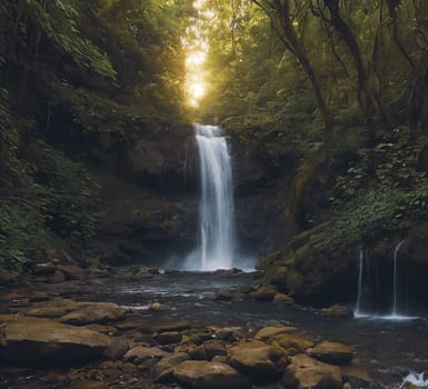 Fantasy landscape with waterfall at sunset, panorama.