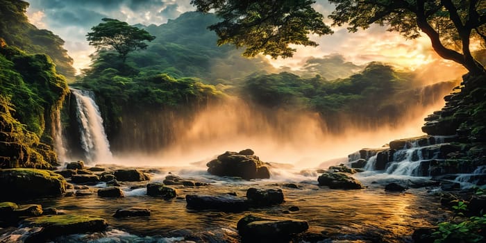 Fantasy landscape with waterfall at sunset, panorama.