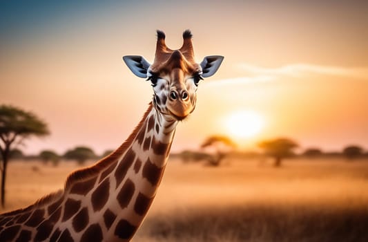 A happy giraffe looks at the camera and smiles against the backdrop of the savannah at sunset.