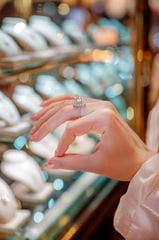 A girl tries on a ring in a jewelry store. Selective focus. woman.