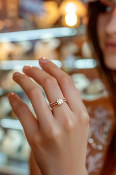 A girl tries on a ring in a jewelry store. Selective focus. woman.