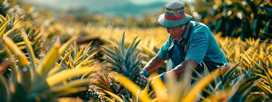 A farmer harvests pineapples. Selective focus. Food.