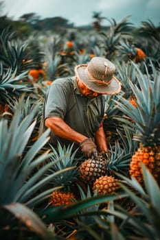 A farmer harvests pineapples. Selective focus. Food.