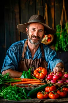 Farmer with vegetable harvest. Selective focus. people.