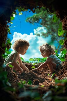 Children plant plants in the garden. Selective focus. nature.